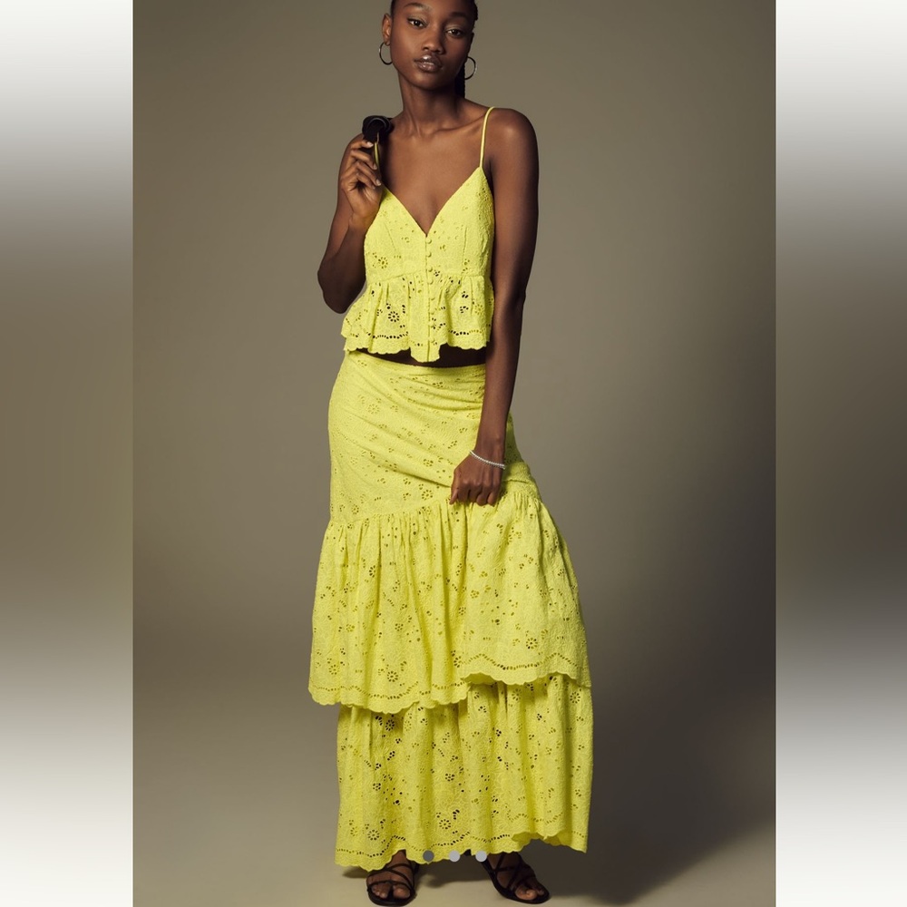 Anthropologie Maeve Chartreuse  Tiered Maxi Skirt size 6